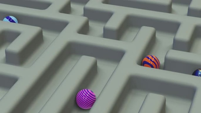 运动循环球。抽象迷宫背景，带有各种图案的彩色球。克服困难的思想和正确道路的策略。逼真的3D渲染。