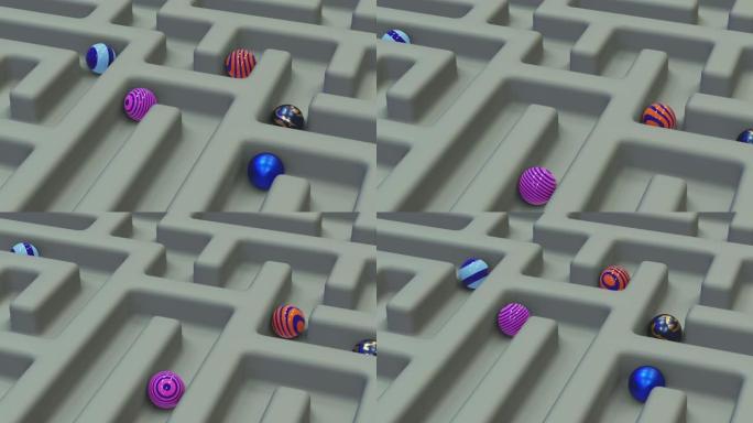 运动循环球。抽象迷宫背景，带有各种图案的彩色球。克服困难的思想和正确道路的策略。逼真的3D渲染。