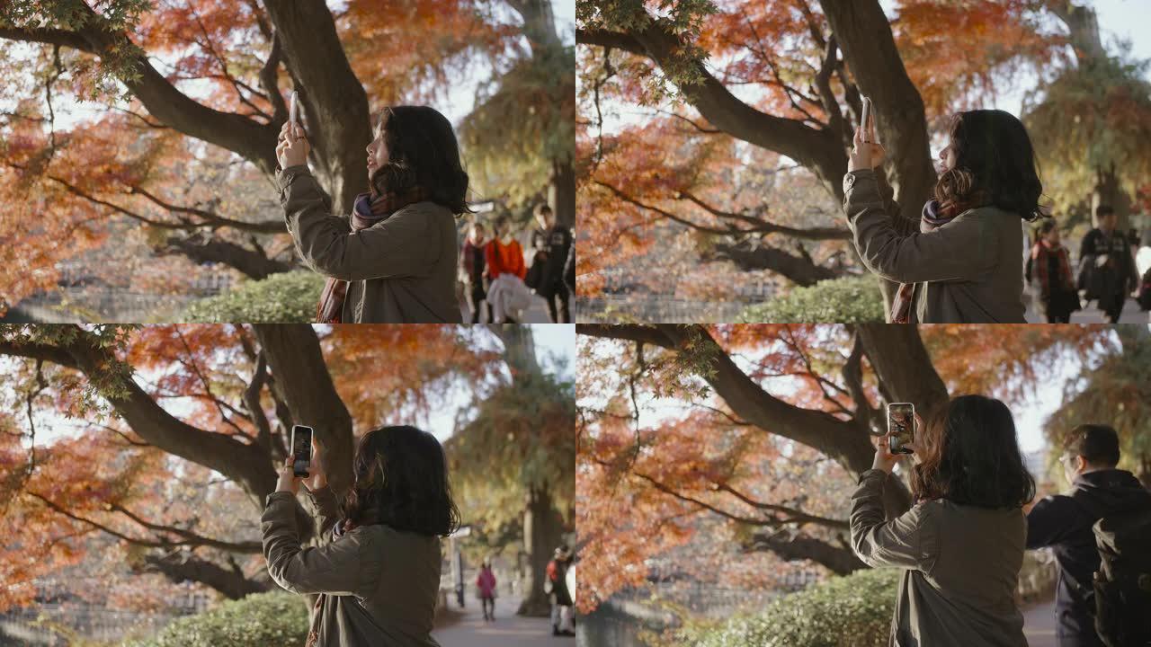 一名亚洲妇女站在公园，用手机拍摄全景照片。