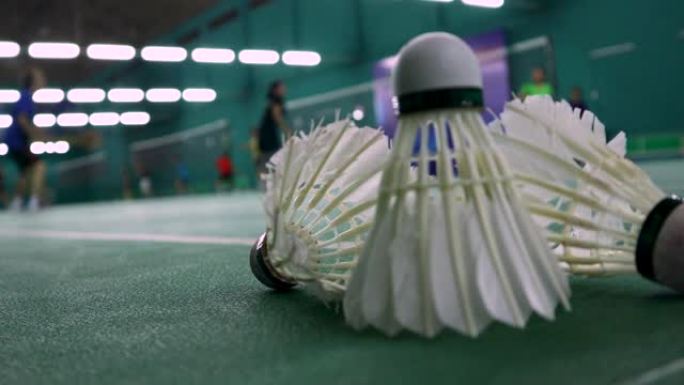 4k羽毛球束躺在绿色的羽毛球场上，地面和地板，运动娱乐，运动，低角度视野，白线，运动科学，练习技能，