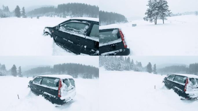 雪下。汽车POV，在积雪覆盖的道路上行驶，第一场雪落下。