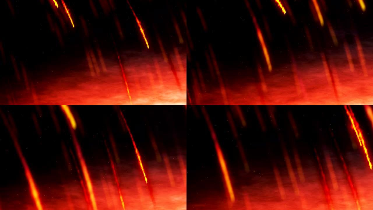 流星风暴，粒子雨彗星星，火炸弹坠落，小行星撞击，3D渲染