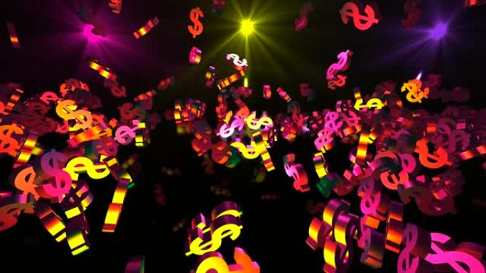 金色3d美元符号在霓虹灯中落下。金融事件背景。3D渲染循环4k