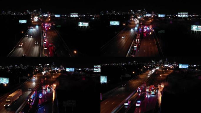 夜间空中视频汽车在高速公路上起火