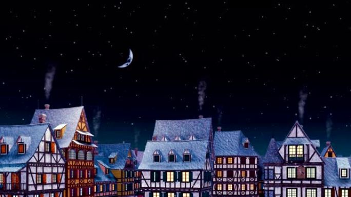 冬季降雪之夜，舒适的欧洲小镇的屋顶