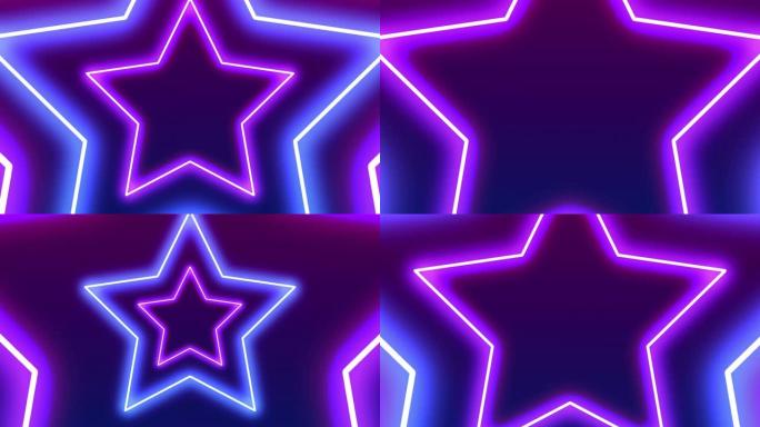 星星的循环霓虹灯框架缩放运动与复制空间。未来3D循环蓝色粉色激光框架舞台无缝循环背景