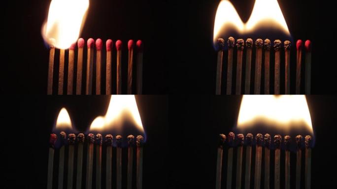燃烧火柴传染，火柴点燃多米诺骨牌效应。黑色地面上的光线匹配