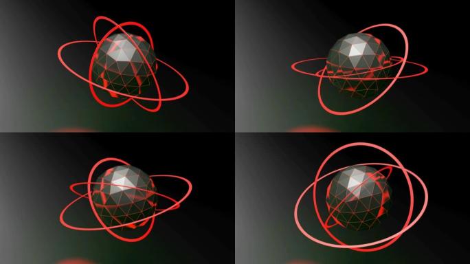 带有红色环的刻面球体的黑色背景-3D渲染视频剪辑
