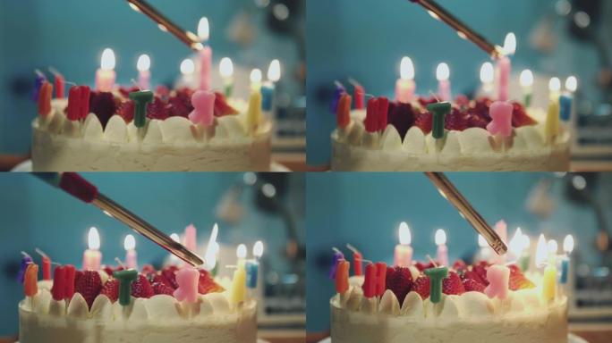 在生日蛋糕上点燃蜡烛