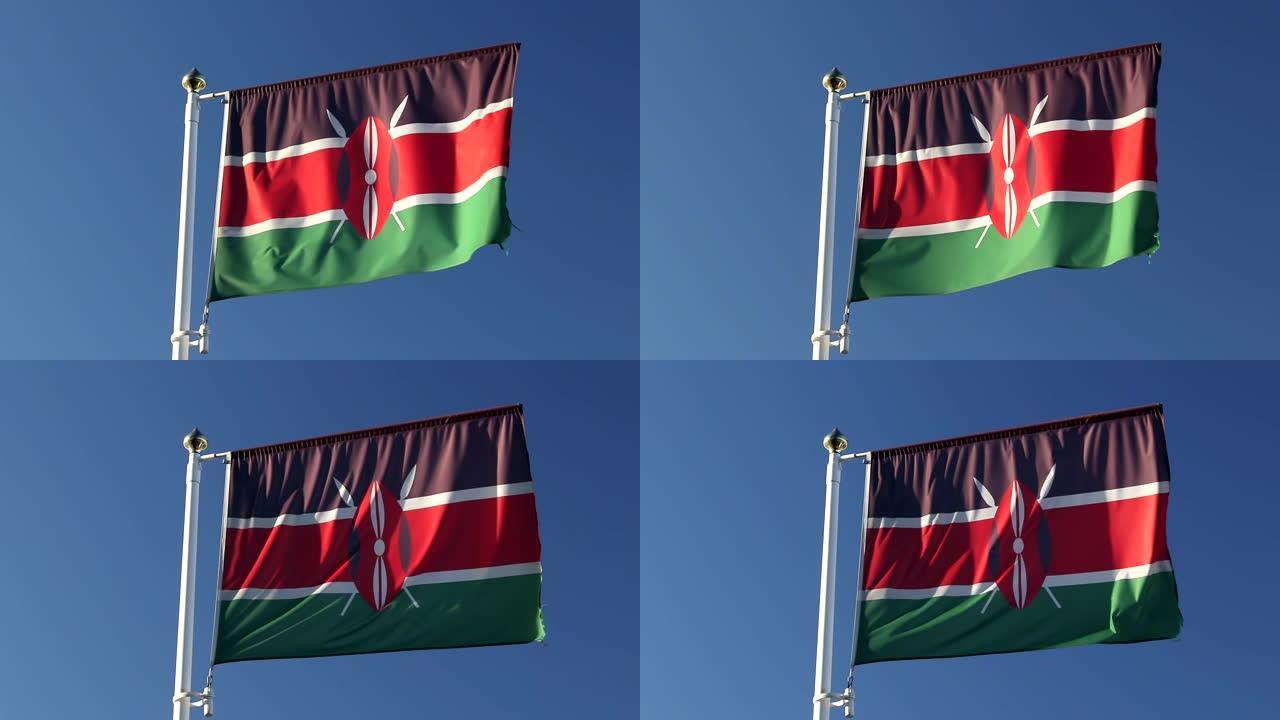 近距离观看旗帜的肯尼亚在风中飘扬的蓝天背景没有云