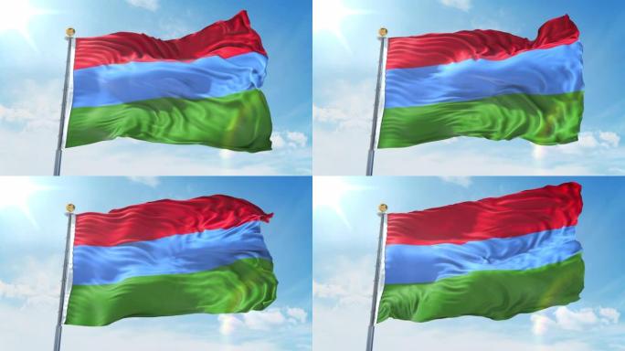卡累利阿旗在深蓝色的天空中迎风飘扬。国家主题，国际理念。3D渲染无缝循环4K