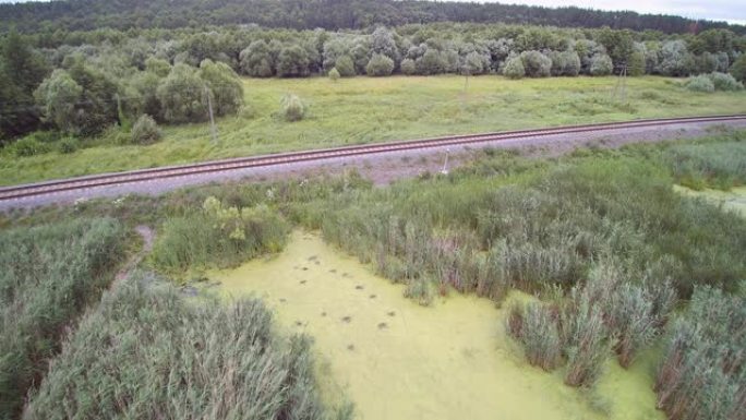沼泽附近甘蔗芦苇场木桥和火车轨道的空中无人机视图