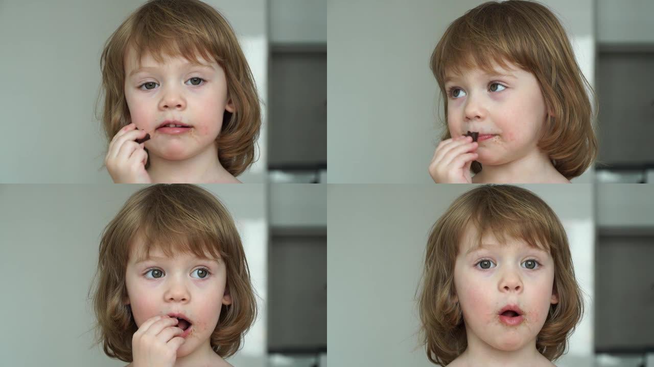 高加索有趣女孩的肖像3岁女孩吃巧克力胃口大。孩子被巧克力弄脏了。