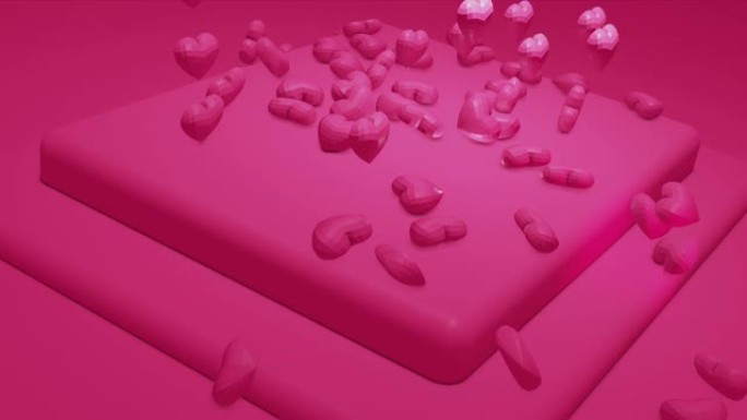 粉色可爱的飘落多边形心形。情人节。活动背景。3D渲染可循环动画4k