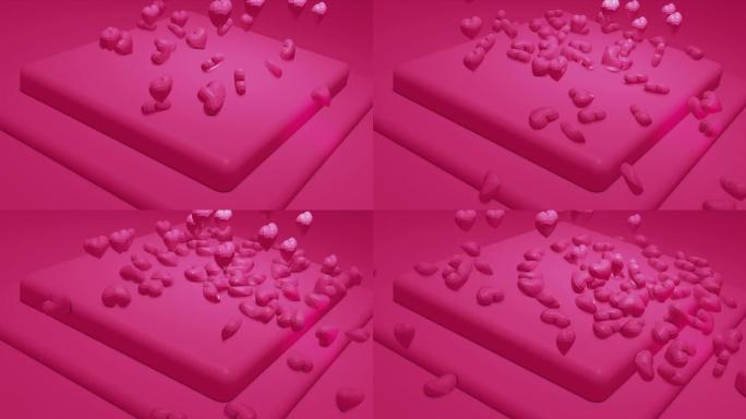 粉色可爱的飘落多边形心形。情人节。活动背景。3D渲染可循环动画4k