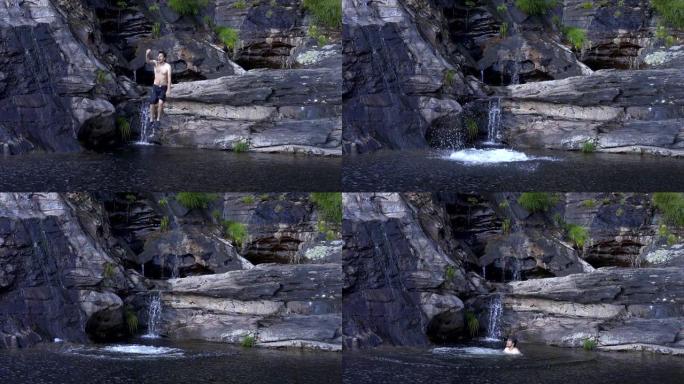白人男性手持gopro进行慢动作拍摄，跳到瀑布湖