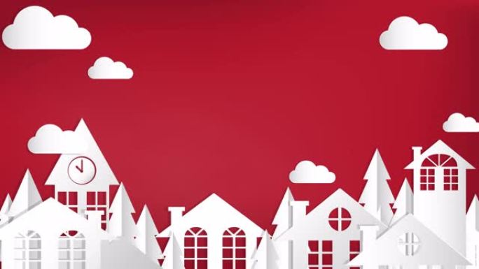 可爱的城市村城市景观卡通动画，红色背景上有摆动云，有你的复制空间。纸艺工艺风格的素材设计。