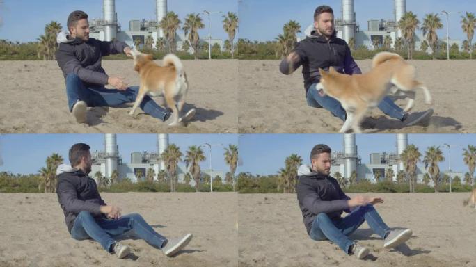 一个男孩试图教他的宠物，一只柴犬，但宠物逃脱了。他们坐在巴塞罗那海滩的沙滩上