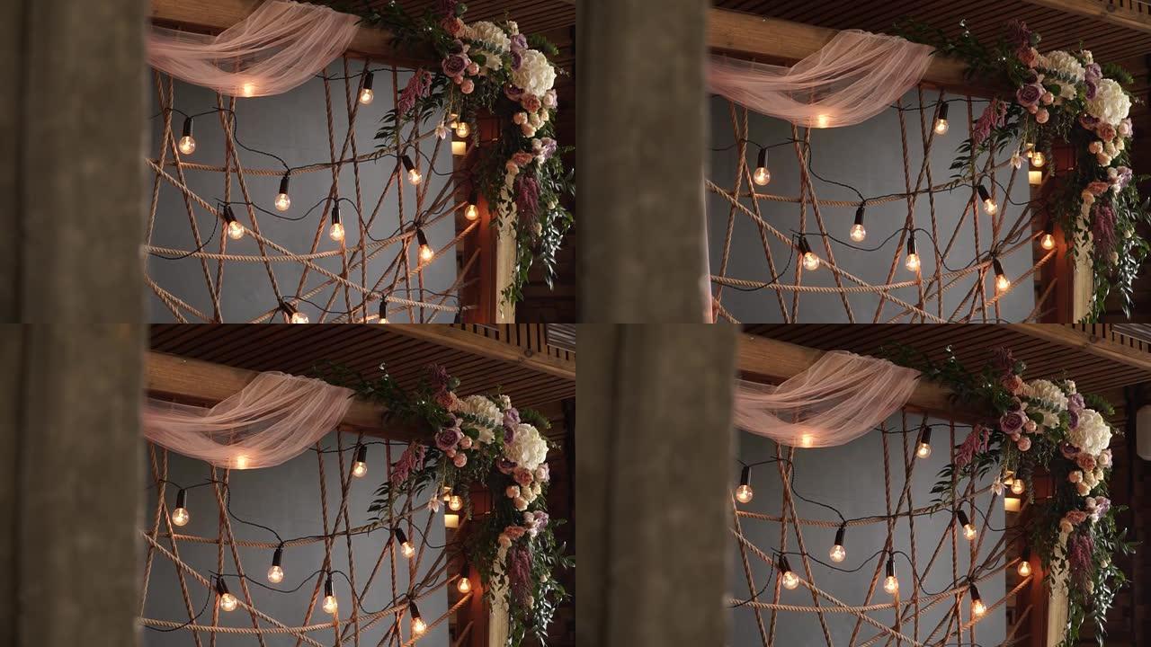 国家餐厅，婚礼，木框装饰着挂灯，发光