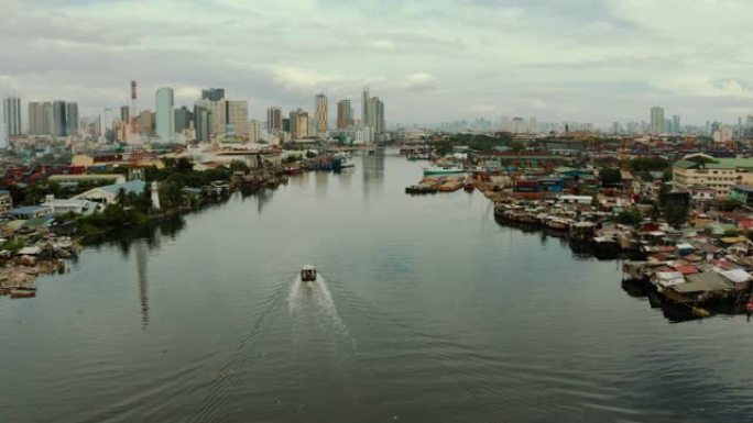 马尼拉的城市景观。市内的住宅区和商业中心，俯视图。大港口城市