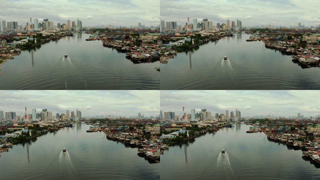 马尼拉的城市景观。市内的住宅区和商业中心，俯视图。大港口城市