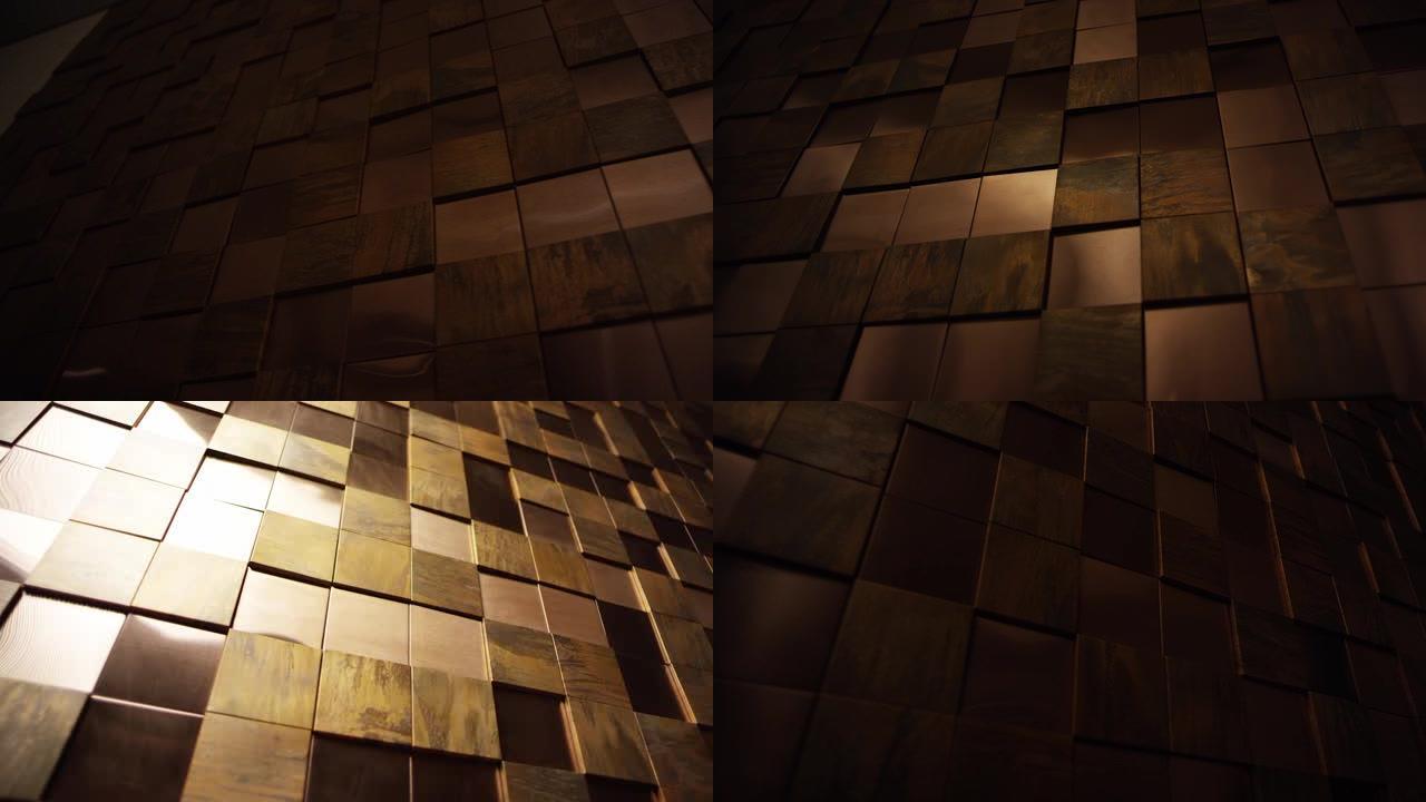 金色方块背景。抽象3D金色金属立方体。墙壁用金、铜或金属砖、盒子。在红龙电影摄像机上拍摄。