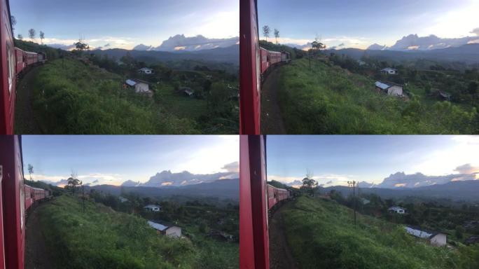 埃拉，斯里兰卡，茶园背景下的红色火车