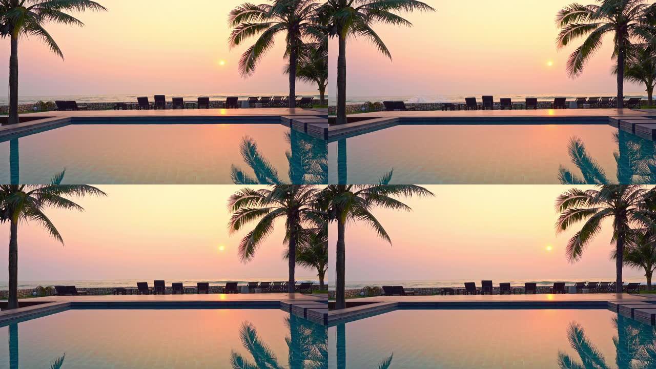 室外游泳池近海洋海滩，日落时间有棕榈树
