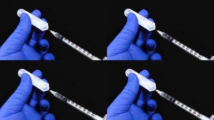 医生从塑料安瓿中抽取用于注射胰岛素注射器的药物或物质。医疗设备的宏观视频。