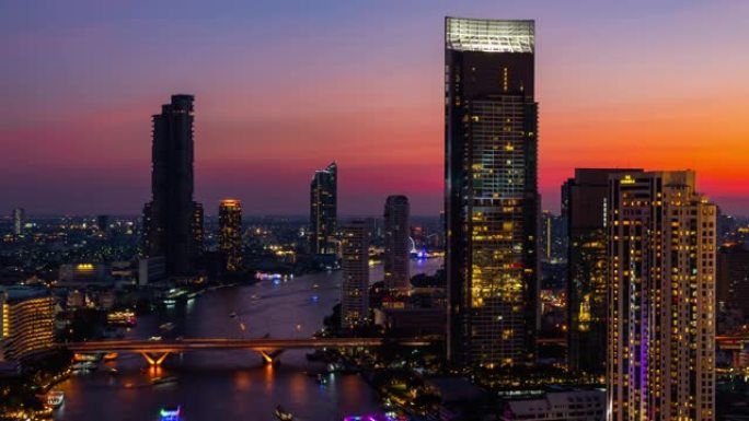 曼谷城市景观的鸟瞰图，包括夜间的湄南河，延时4K