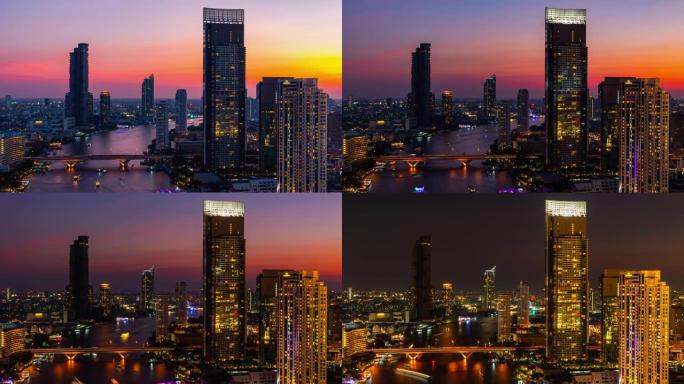 曼谷城市景观的鸟瞰图，包括夜间的湄南河，延时4K