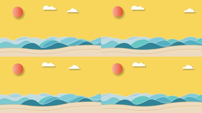热带纸盒动画天空、海鱼、太阳、云