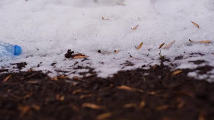 用过的塑料瓶在融化的雪附近的地面上的特写镜头。