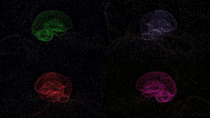 未来科学技术。3D渲染由旋转粒子在黑暗中脉动和变化颜色形成的人脑。