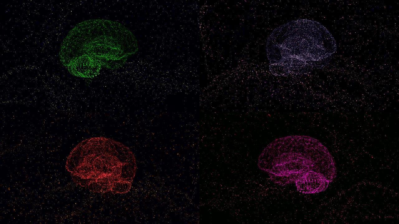 未来科学技术。3D渲染由旋转粒子在黑暗中脉动和变化颜色形成的人脑。