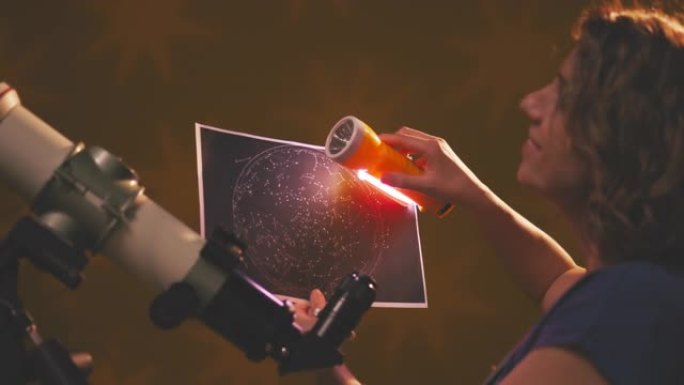孕妇通过望远镜看着星星-占星术概念，关于婴儿的星座预测。