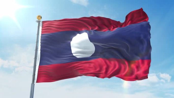深蓝色的天空中，老挝国旗在风中飘扬。国家主题，国际理念。3D渲染无缝循环4K