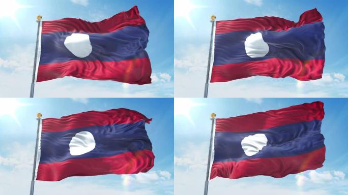 深蓝色的天空中，老挝国旗在风中飘扬。国家主题，国际理念。3D渲染无缝循环4K