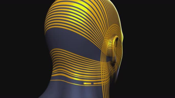 展示一个金人的头和脸。计算机生成的背景。3D渲染流线型的头部在屏幕上旋转