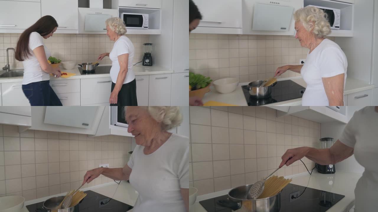 微笑的女人帮助祖母做饭。