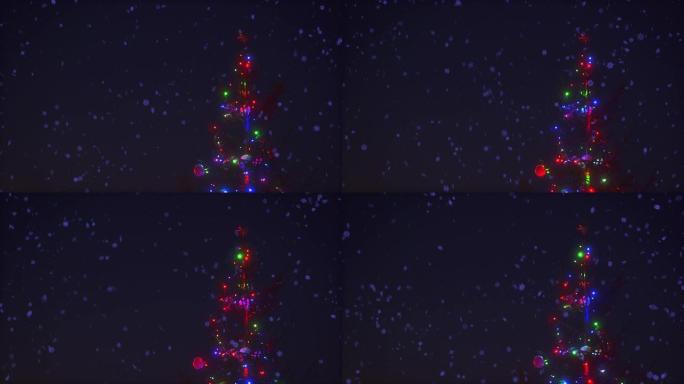 圣诞树的特写树枝，五颜六色的花环灯饰被雪花动画包围