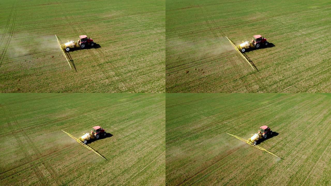 农民喷洒小麦和大麦田的空中无人机射击