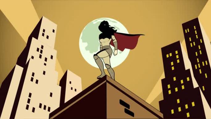 夜间都市动画视频中的可循环女超级英雄