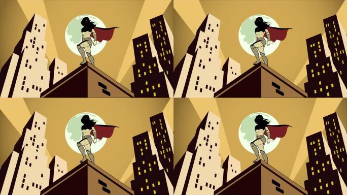 夜间都市动画视频中的可循环女超级英雄