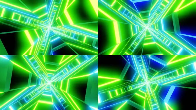 绿蓝十字形隧道抽象动画。循环科幻抽象背景。