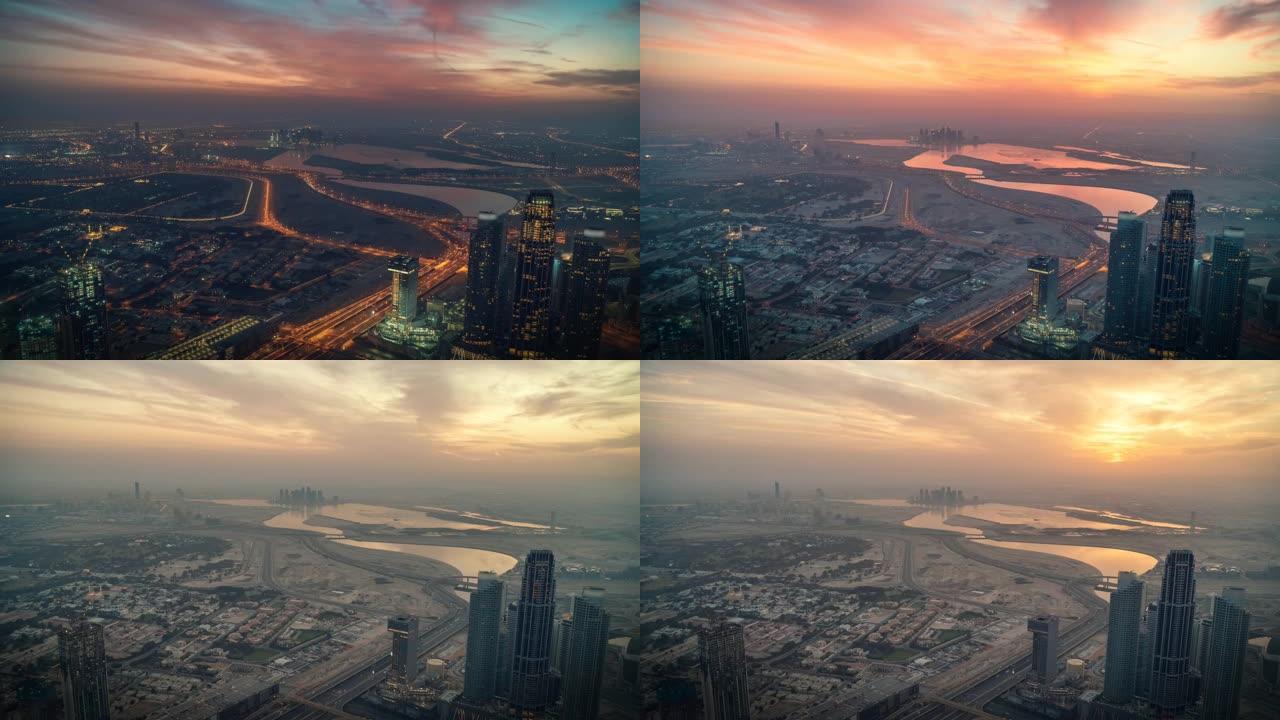 阿联酋日出时的迪拜天际线，日夜变换，建筑物上有早晨的阳光，从上面可以看到全景