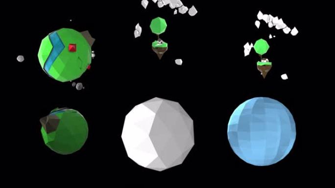 黑色背景上卡通风格的不同行星和浮岛的有趣多边形模型。