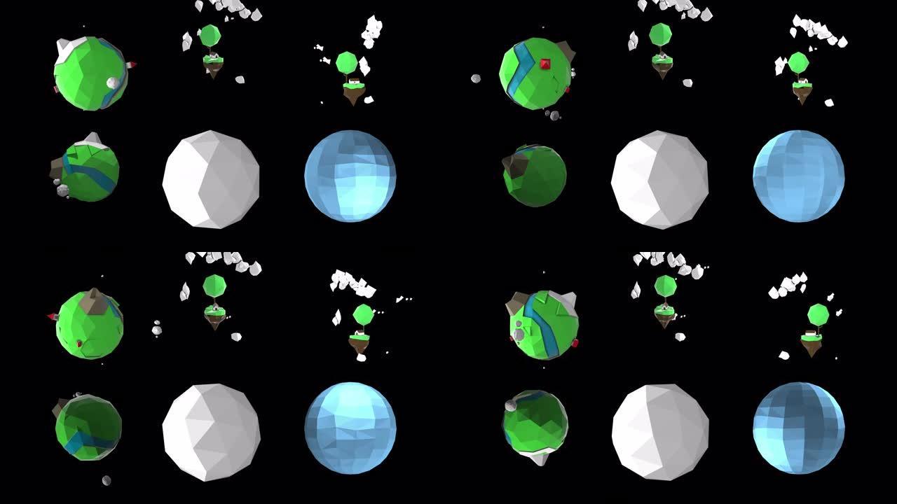 黑色背景上卡通风格的不同行星和浮岛的有趣多边形模型。