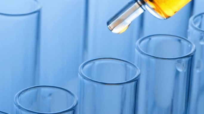 科学家将黄色化学液体或精油滴入试管，蓝色调实验室。实验室化学或科学研究与发展概念。