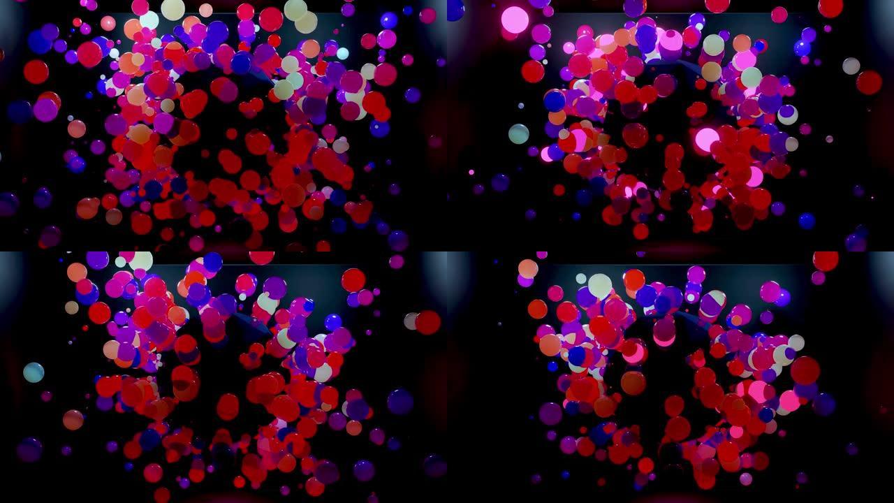 空气中彩色球的抽象组成，它们随机发光并相互反射。空气中的彩色球体作为简单的几何黑暗背景，在黑暗的房间